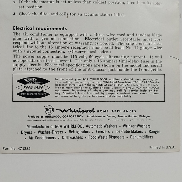 Vintage 1950s 60s RCA Whirlpool Air Conditioner Operating Manual Warranty - Picture 5 of 5